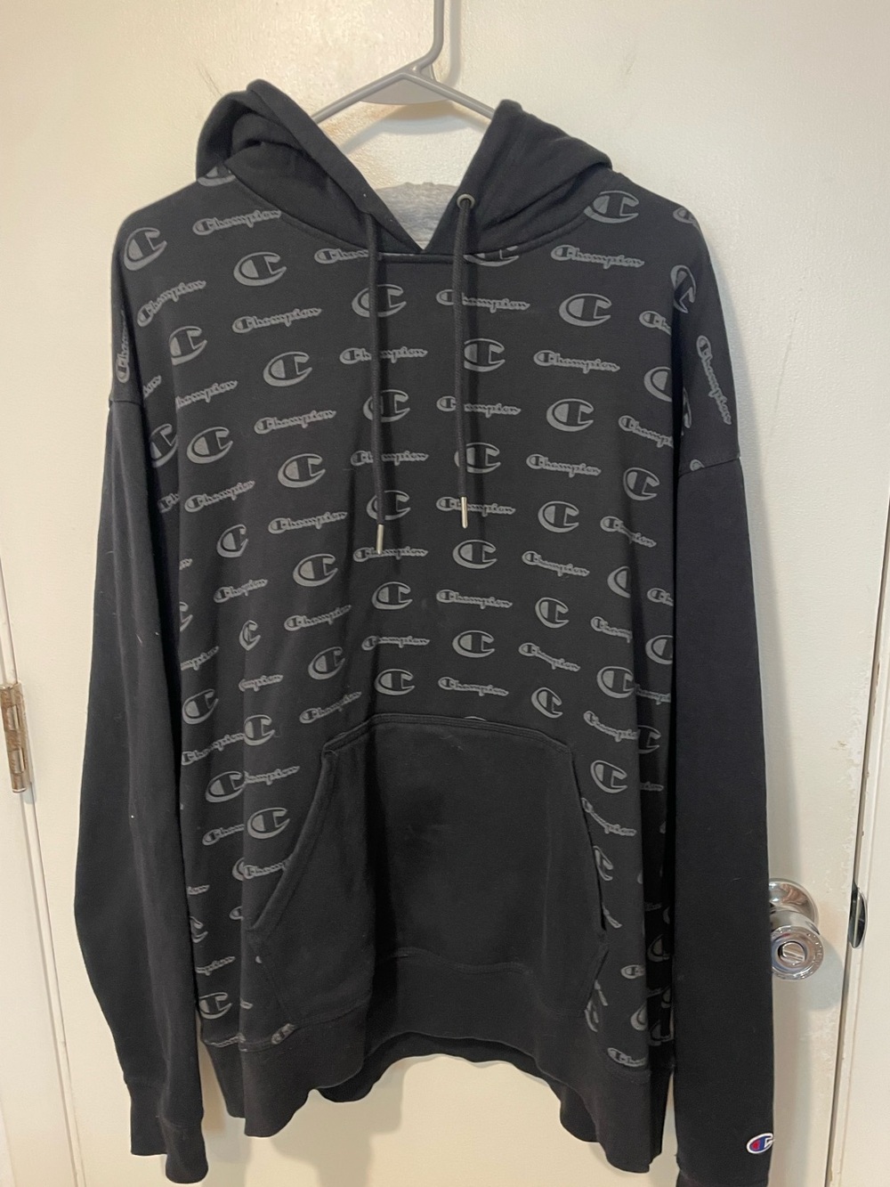 Champion Reverse Weave black mens print hoodie grey C logo sz L sweatshirt
